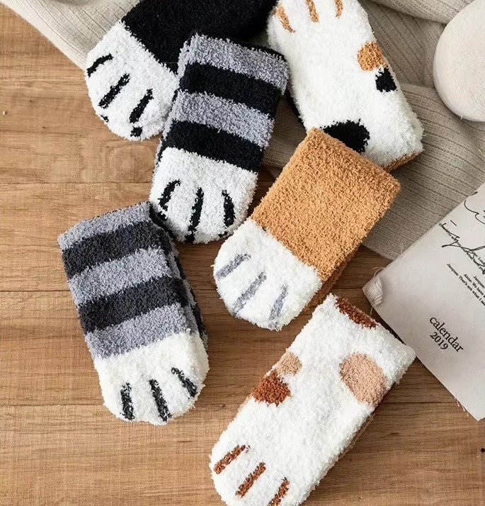 3 Par Kvinde Sokker med Dyremotiver – Sjove 3D Tæersokker med Zebra, Tiger og Kattepoter - FoxBox