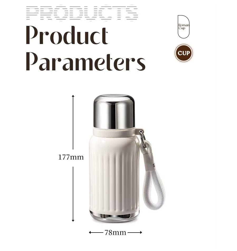 300ML Mini Rustfrit Stål Vakuumflaske med To Låg – Rejsekrus, Roman Kolonne Design, Termosflaske, Kaffe Krus, Isvand Gaveflaske - FoxBox