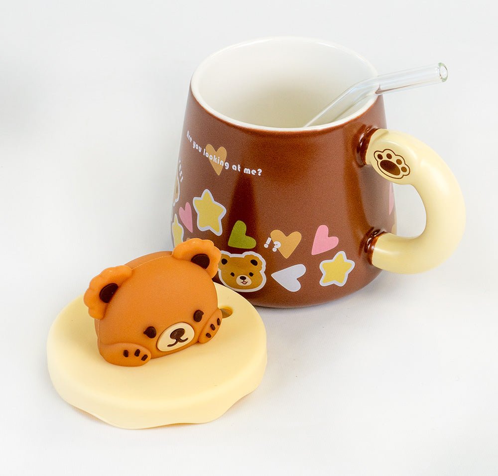 Kawaii Kop - Sød Bjørneformet Keramikkrus med Låg og Stor Kapacitet til Kaffe, Mælk og Drikkevarer med Sugerør - FoxBox
