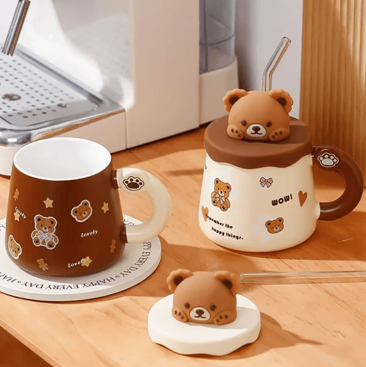 Kawaii Kop - Sød Bjørneformet Keramikkrus med Låg og Stor Kapacitet til Kaffe, Mælk og Drikkevarer med Sugerør - FoxBox