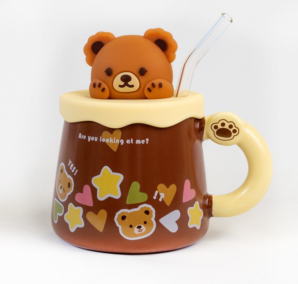 Kawaii Kop - Sød Bjørneformet Keramikkrus med Låg og Stor Kapacitet til Kaffe, Mælk og Drikkevarer med Sugerør - FoxBox