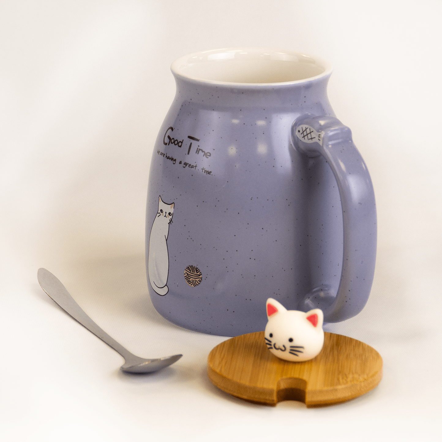 Kawaii Tea Cup – Sød Kat Keramisk Kaffe Krus med Kitty Låg og Ske, Japansk Stil, Novitetsgave til Kvinder, Katteelsker Gaver, 400ml - FoxBox