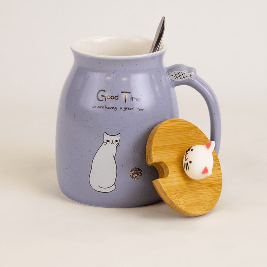 Kawaii Tea Cup – Sød Kat Keramisk Kaffe Krus med Kitty Låg og Ske, Japansk Stil, Novitetsgave til Kvinder, Katteelsker Gaver, 400ml - FoxBox