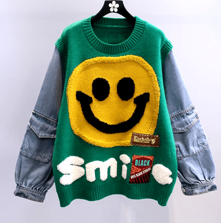 Smiling Face Loose Sweater Tops Women Denim Sleeve Round Neck Pullover Jumpers Winter Fashion Streetwear Stylish Chic Knitwear - FoxBox